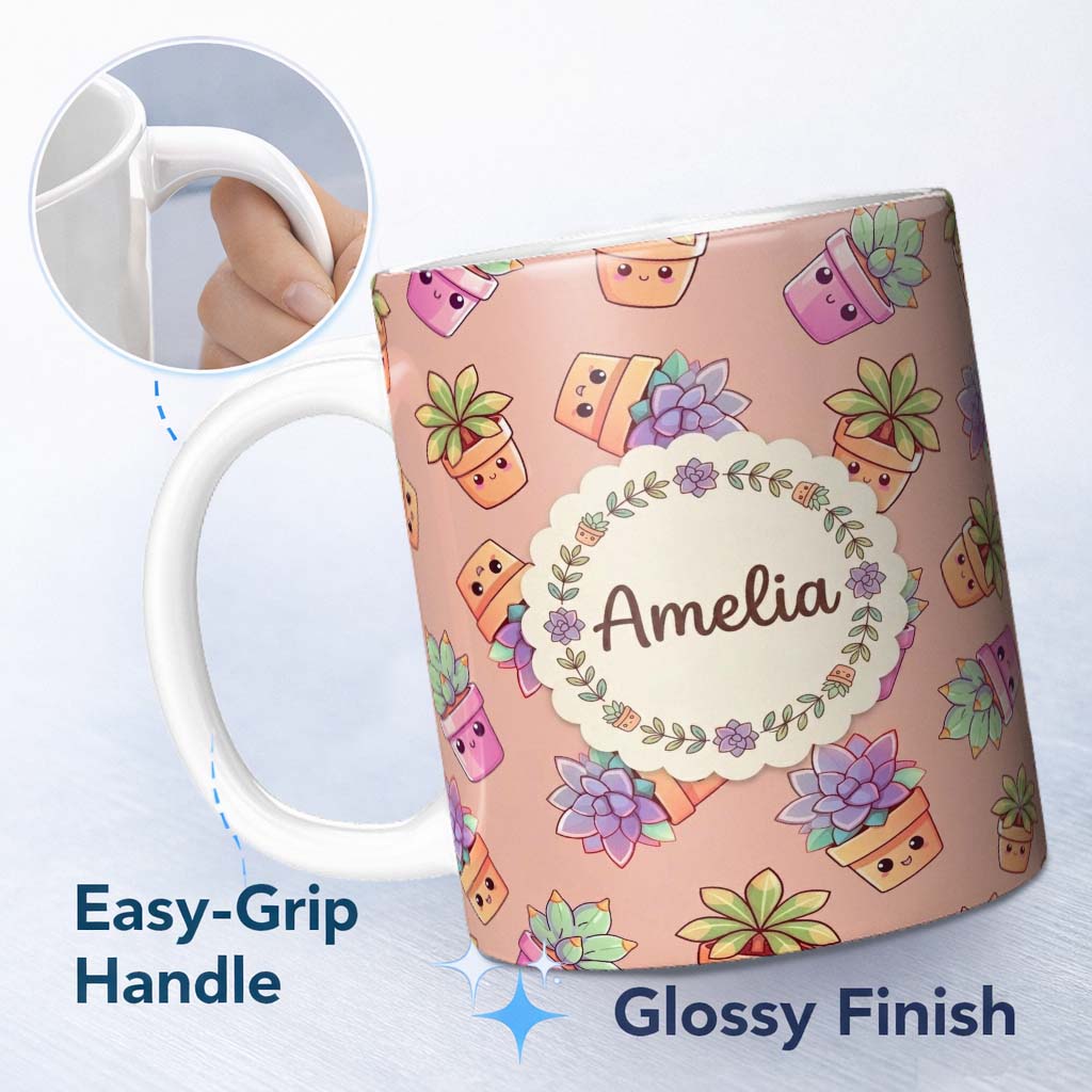 Personalized Custom Name Cute Kawaii Succulent Plants Peach Background Seamless Pattern 11oz Ceramic Coffee Tea Mug White Large Handle