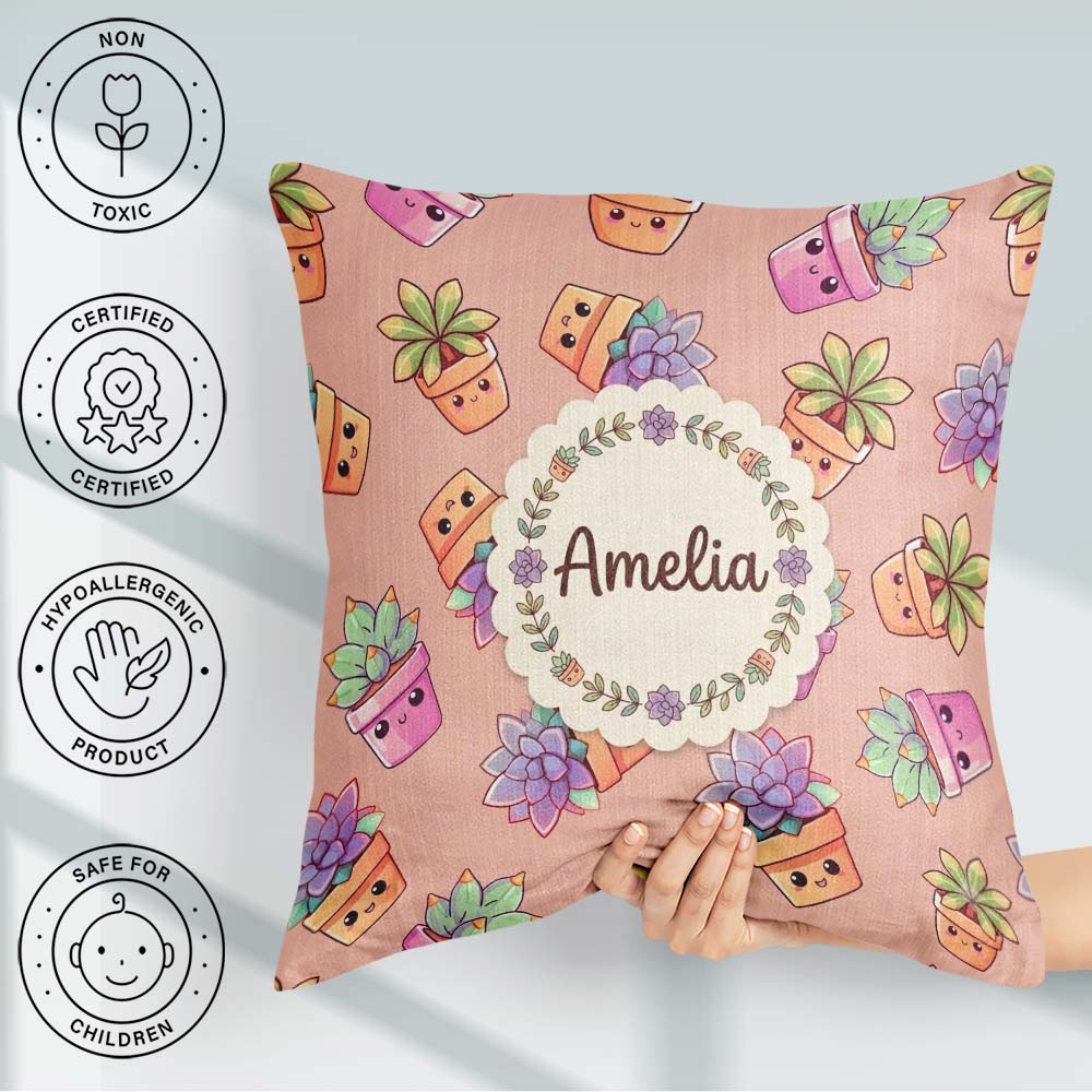 Custom Name Cute Kawaii Plants Peach Background Seamless Pattern Square Filled Cushion Throw Pillow Sofa Bed Home Decor Zip Washable UK Made