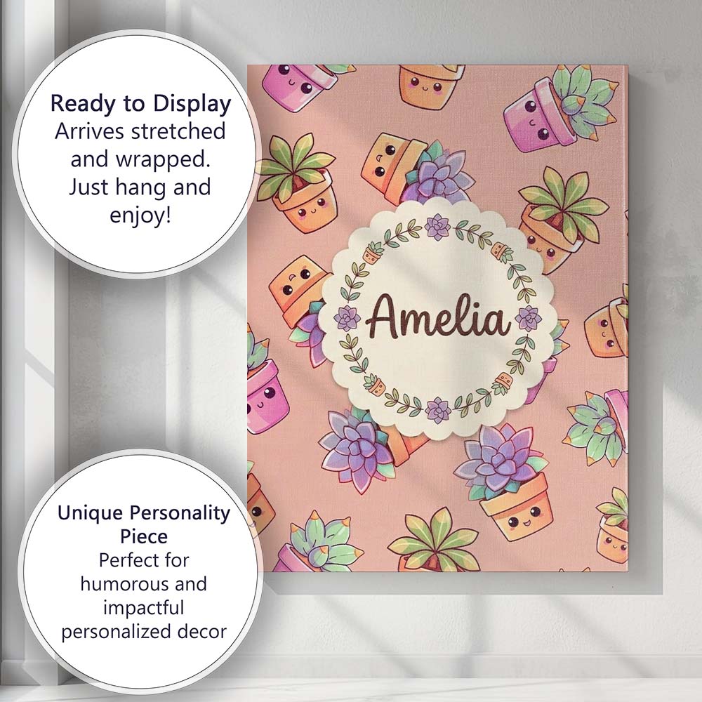 Personalised Name Cute Kawaii Succulent Custom Modern Room Accent Elegant Feature Canvas Wall Art Print Decor Picture Ready to Hang
