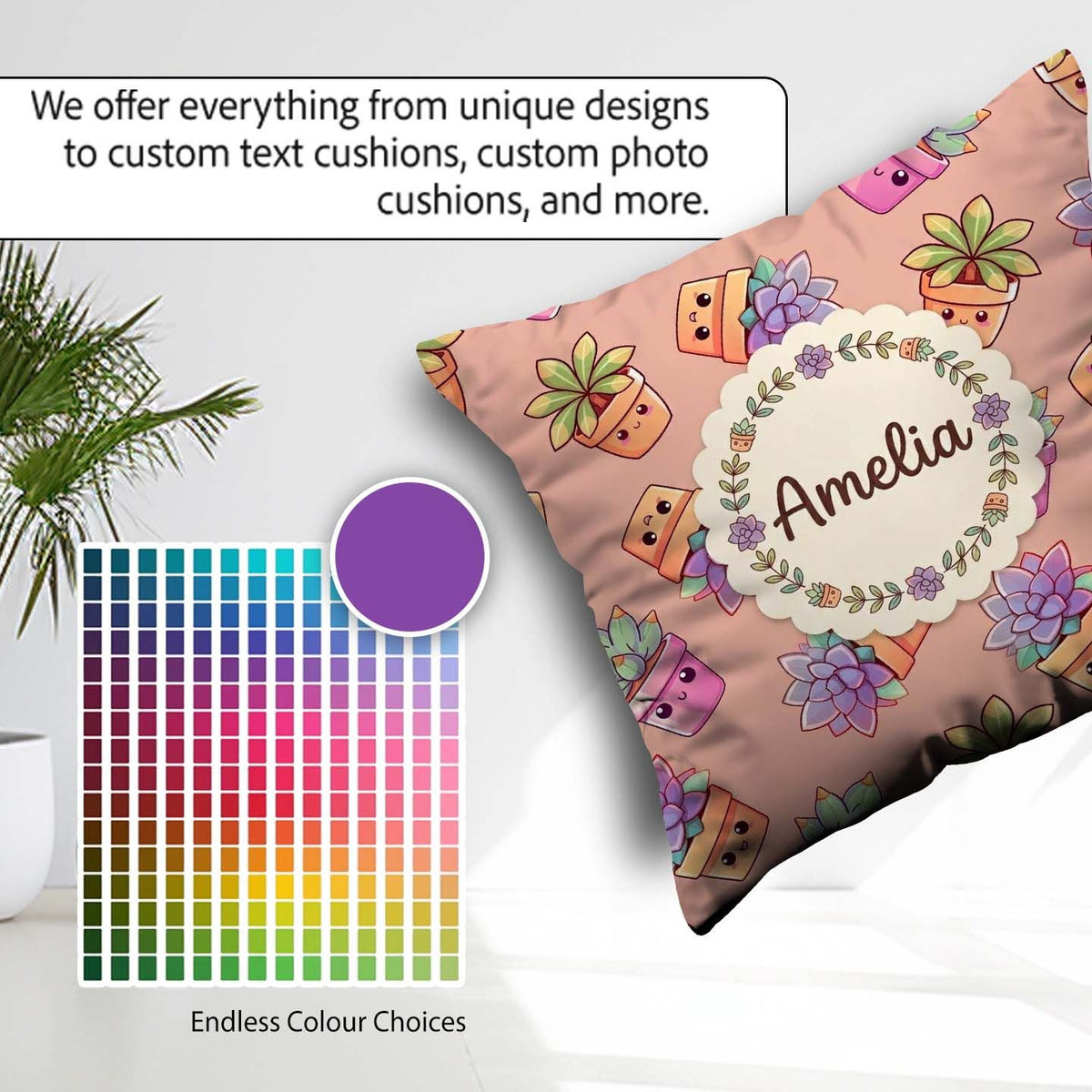Custom Name Cute Kawaii Plants Peach Background Seamless Pattern Square Filled Cushion Throw Pillow Sofa Bed Home Decor Zip Washable UK Made