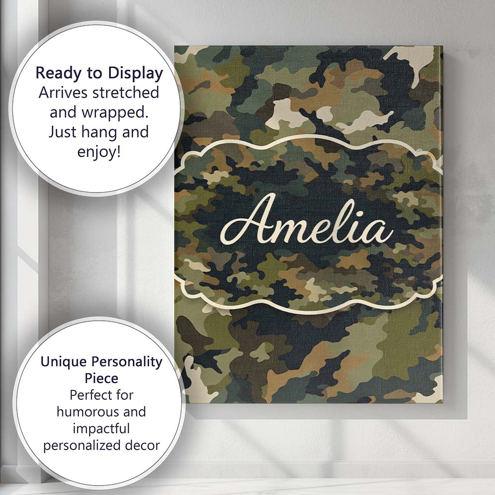 Personalised Name Classic Green Brown Army Camouflage Seamless Custom Modern Room Accent Canvas Wall Art Print Decor Picture Ready to Hang