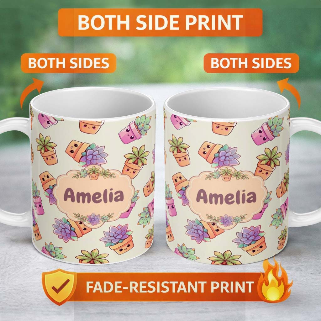 Personalized Custom Name Cute Kawaii Succulent Plants Soft Sage Background Seamless Pattern 11oz Ceramic Coffee Tea Mug White Large Handle