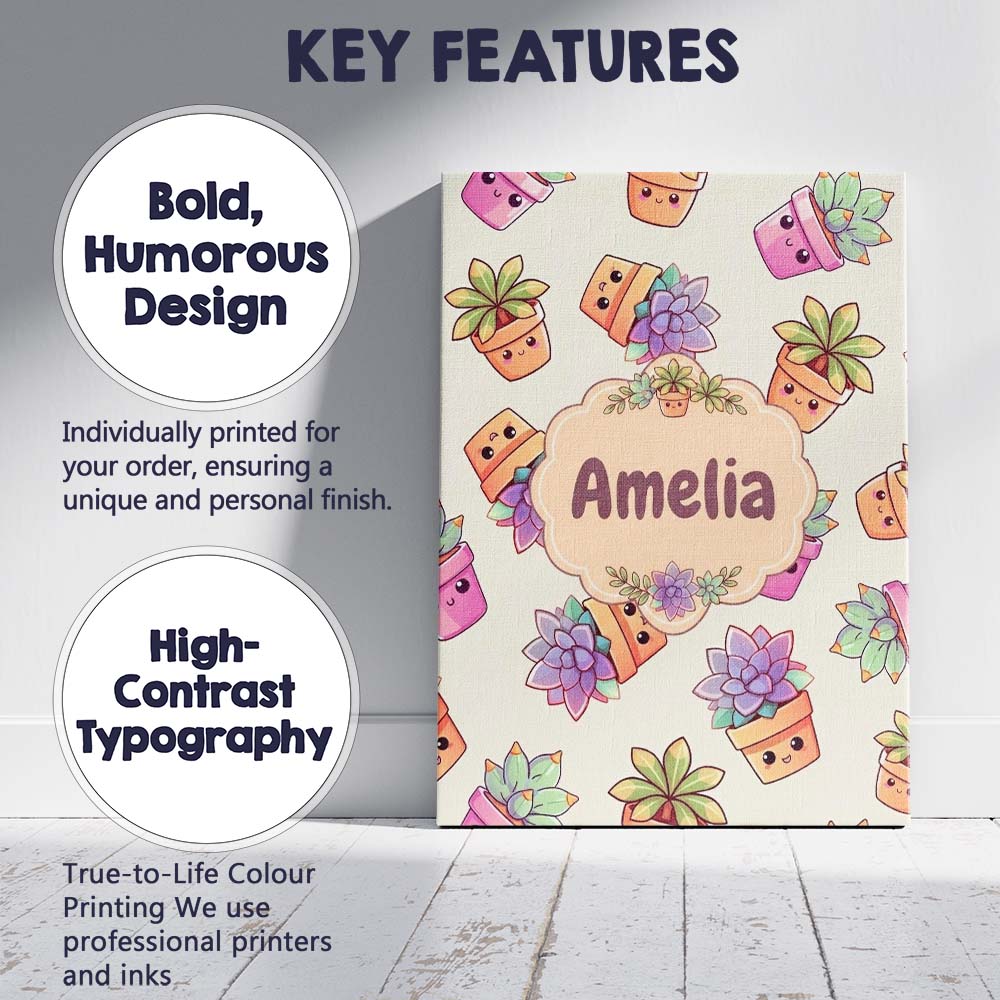 Personalised Name Cute Kawaii Succulent Custom Modern Room Accent Elegant Feature Canvas Wall Art Print Decor Picture Ready to Hang