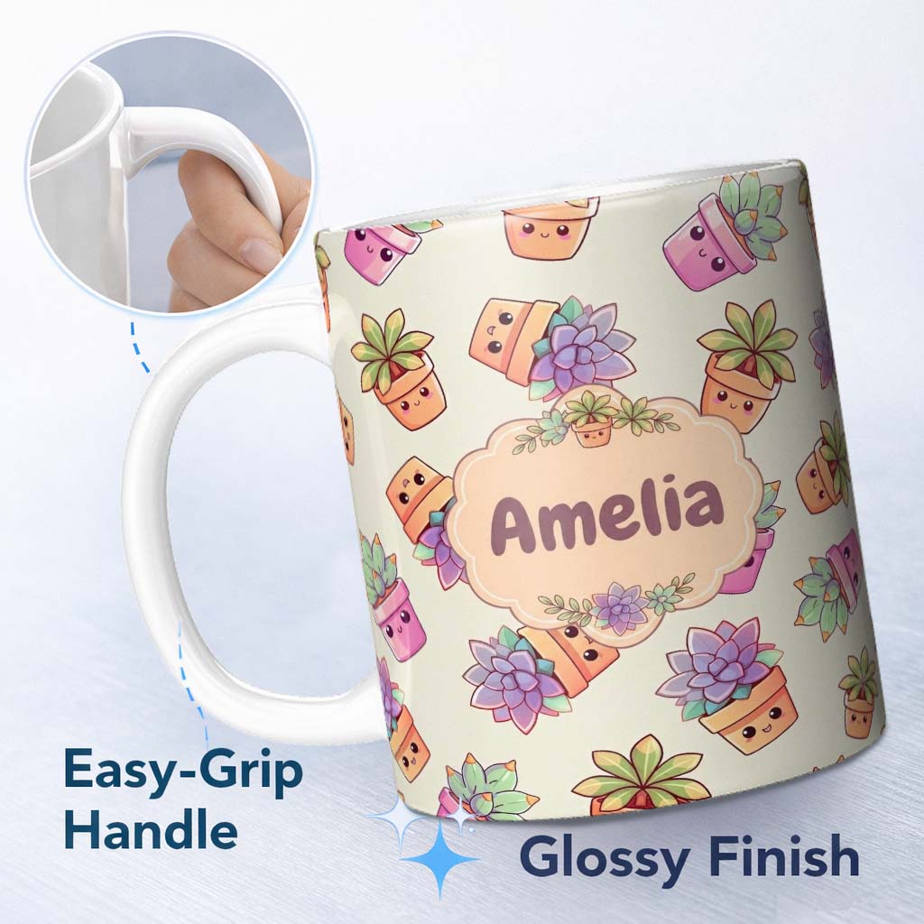 Personalized Custom Name Cute Kawaii Succulent Plants Soft Sage Background Seamless Pattern 11oz Ceramic Coffee Tea Mug White Large Handle