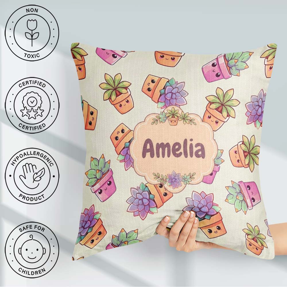 Custom Name Kawaii Succulent Plants Soft Sage Background Pattern Square Filled Cushion Throw Pillow Sofa Bed Home Decor Zip Washable UK Made