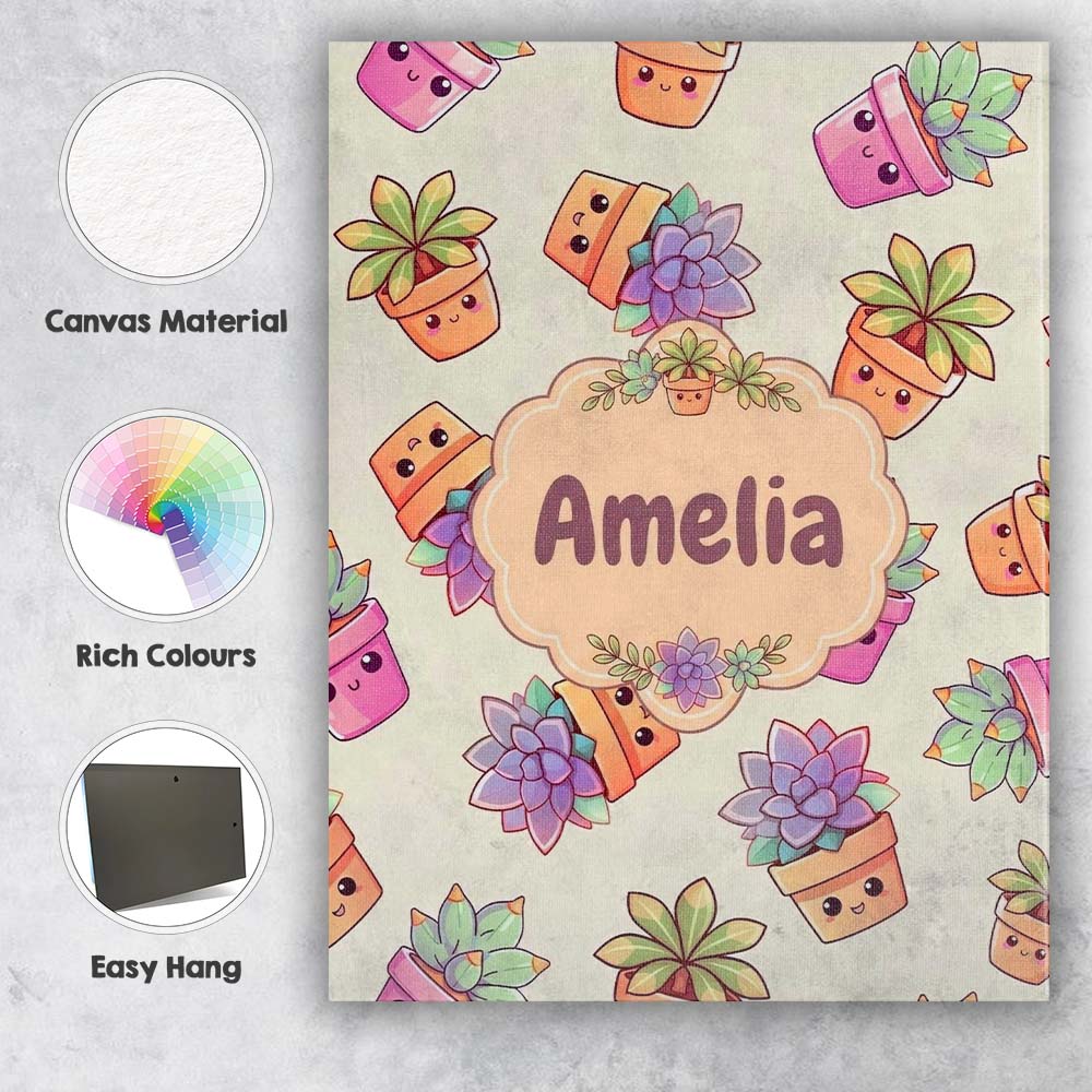 Personalised Name Cute Kawaii Succulent Custom Modern Room Accent Elegant Feature Canvas Wall Art Print Decor Picture Ready to Hang