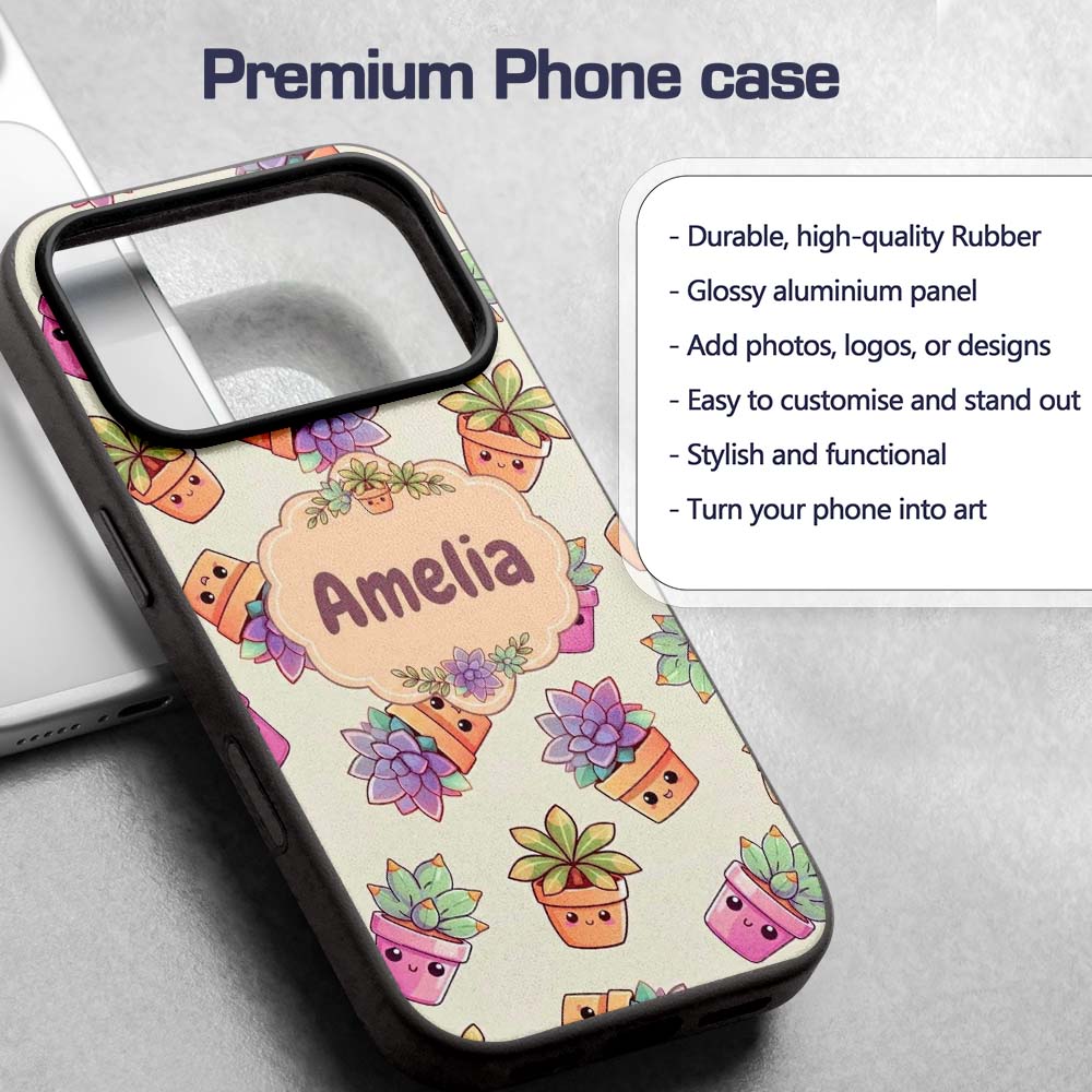 Cute Kawaii Succulent Plants Soft Sage Background Custom Name Protective Phone Case Mobile Cover Durable Everyday Smartphone Shock Resistant