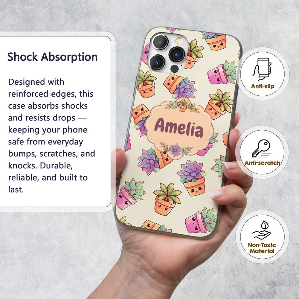 Cute Kawaii Succulent Plants Soft Sage Background Custom Name Protective Phone Case Mobile Cover Durable Everyday Smartphone Shock Resistant