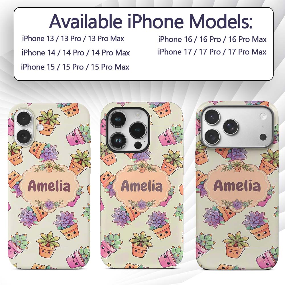 Cute Kawaii Succulent Plants Soft Sage Background Custom Name Protective Phone Case Mobile Cover Durable Everyday Smartphone Shock Resistant