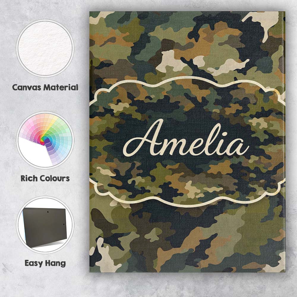 Personalised Name Classic Green Brown Army Camouflage Seamless Custom Modern Room Accent Canvas Wall Art Print Decor Picture Ready to Hang