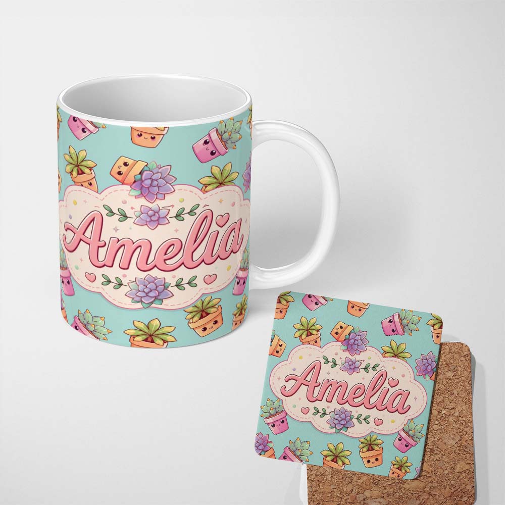 Personalized Custom Name Cute Kawaii Succulent Plants Teal Blue Background Seamless Pattern 11oz Ceramic Coffee Tea Mug White Large Handle