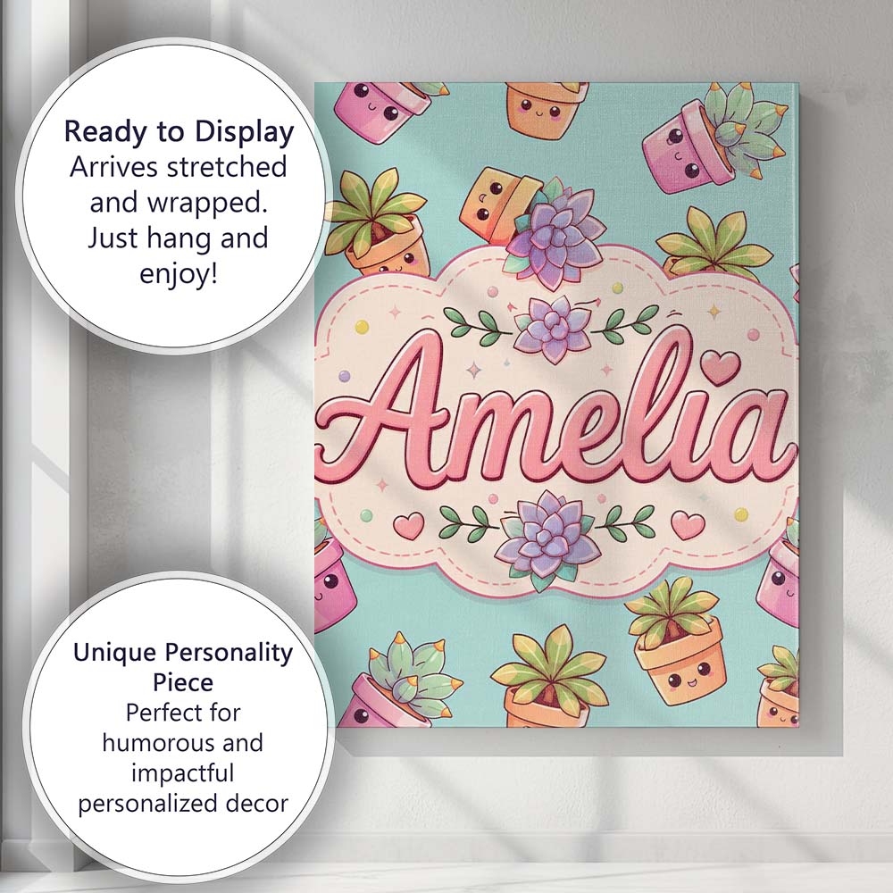 Personalised Name Cute Kawaii Succulent Custom Modern Room Accent Elegant Feature Canvas Wall Art Print Decor Picture Ready to Hang