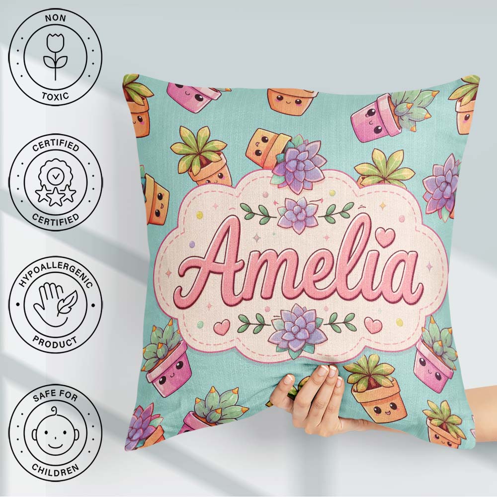 Custom Name Kawaii Succulent Plants Teal Blue Background Pattern Square Filled Cushion Throw Pillow Sofa Bed Home Decor Zip Washable UK Made