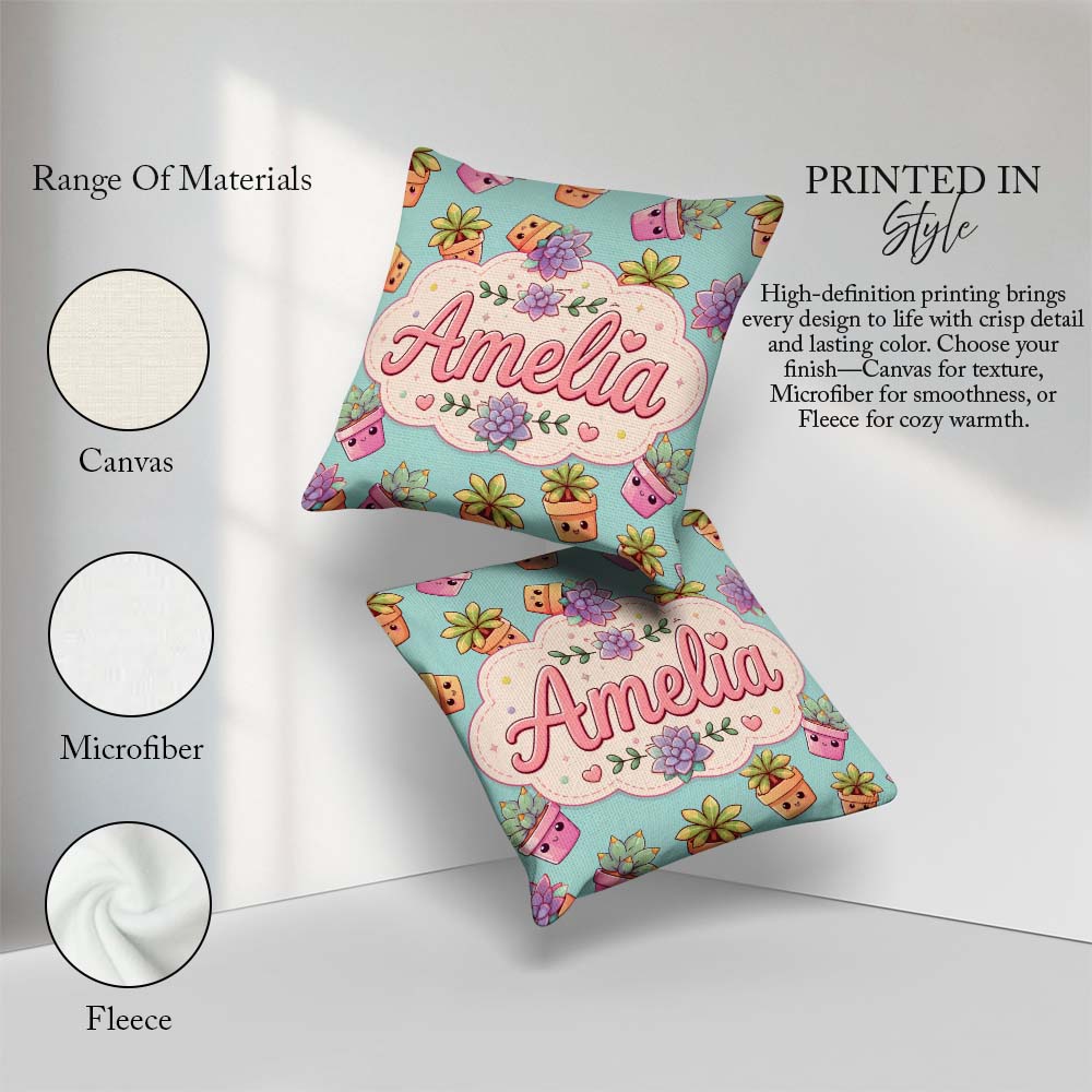 Custom Name Kawaii Succulent Plants Teal Blue Background Pattern Square Filled Cushion Throw Pillow Sofa Bed Home Decor Zip Washable UK Made