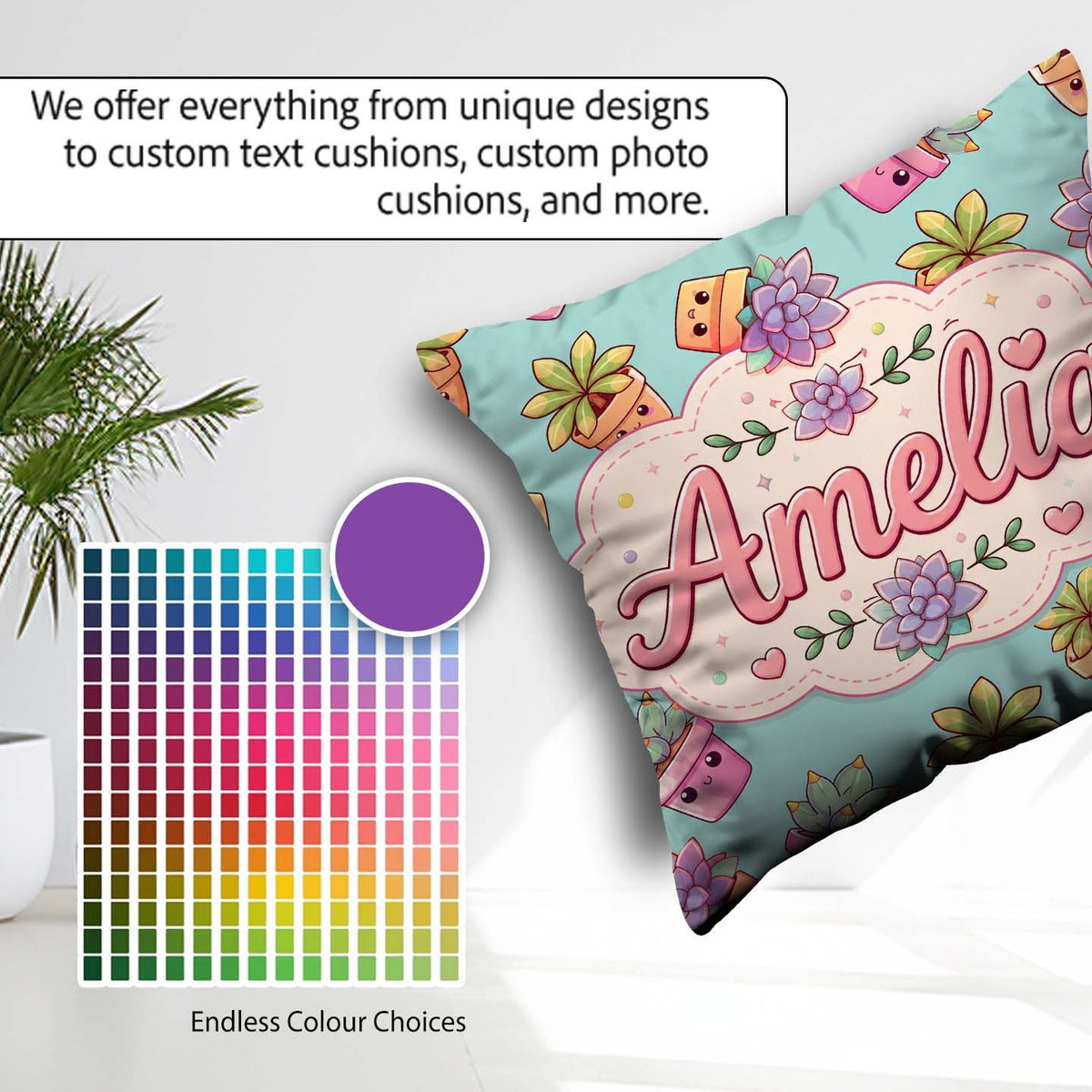 Custom Name Kawaii Succulent Plants Teal Blue Background Pattern Square Filled Cushion Throw Pillow Sofa Bed Home Decor Zip Washable UK Made
