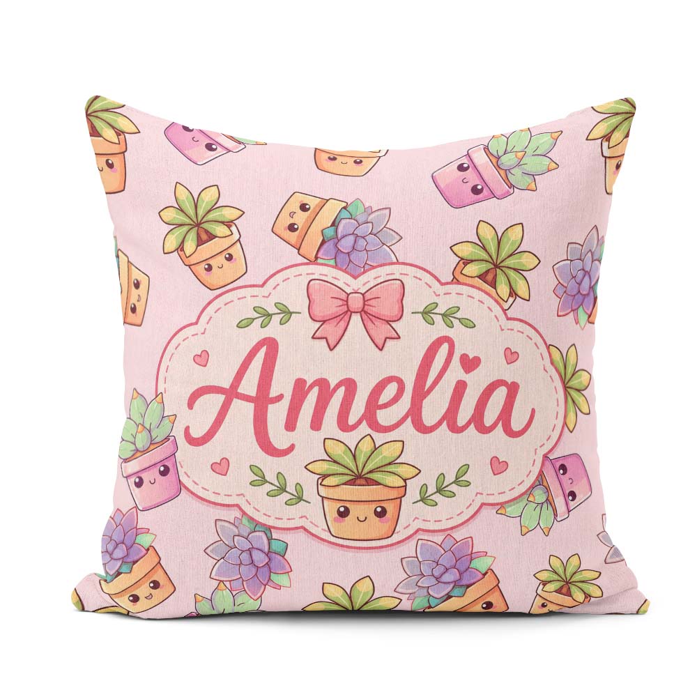 Custom Name Kawaii Plants Dusty Pink Background Seamless Pattern Square Filled Cushion Throw Pillow Sofa Bed Home Decor Zip Washable UK Made