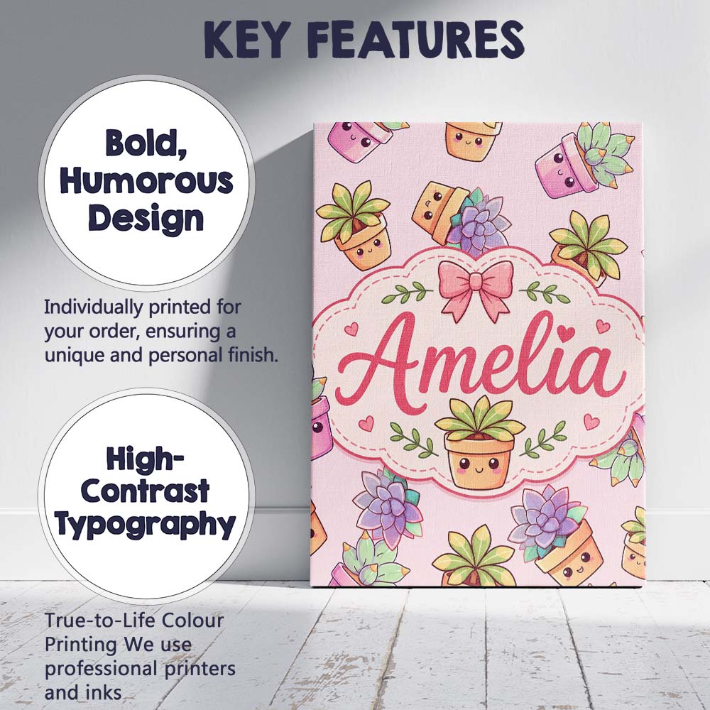 Personalised Name Cute Kawaii Succulent Custom Modern Room Accent Elegant Feature Canvas Wall Art Print Decor Picture Ready to Hang