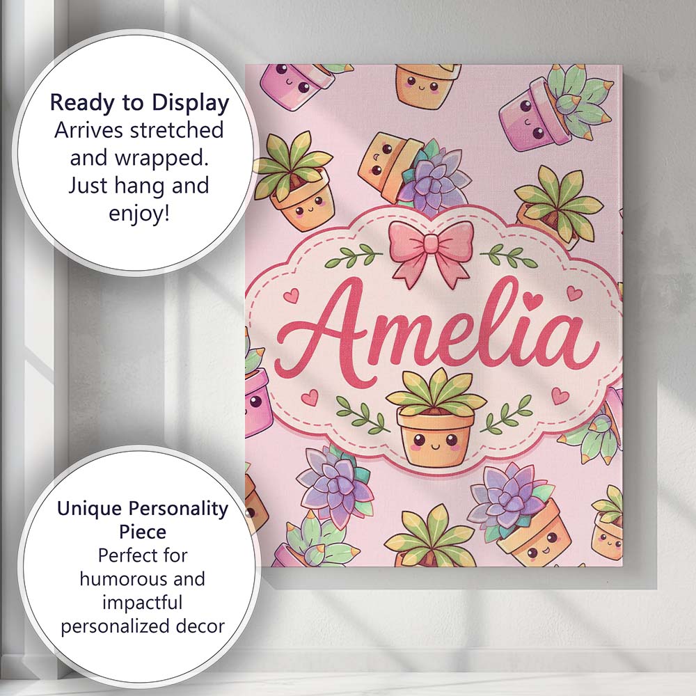 Personalised Name Cute Kawaii Succulent Custom Modern Room Accent Elegant Feature Canvas Wall Art Print Decor Picture Ready to Hang