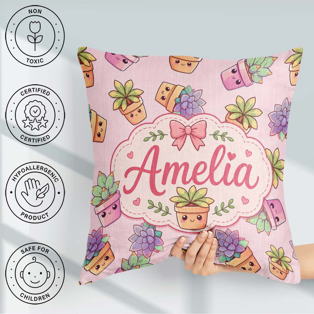 Custom Name Kawaii Plants Dusty Pink Background Seamless Pattern Square Filled Cushion Throw Pillow Sofa Bed Home Decor Zip Washable UK Made