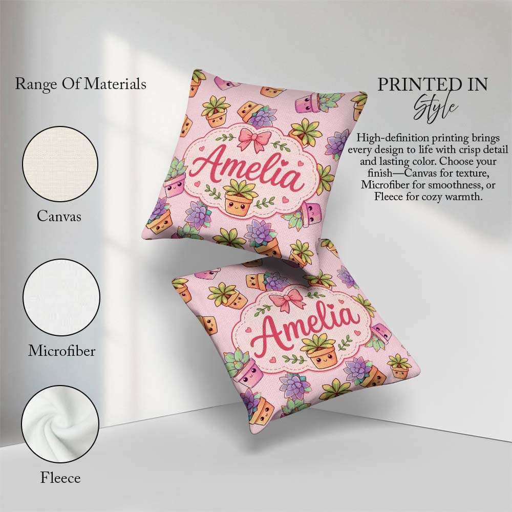 Custom Name Kawaii Plants Dusty Pink Background Seamless Pattern Square Filled Cushion Throw Pillow Sofa Bed Home Decor Zip Washable UK Made