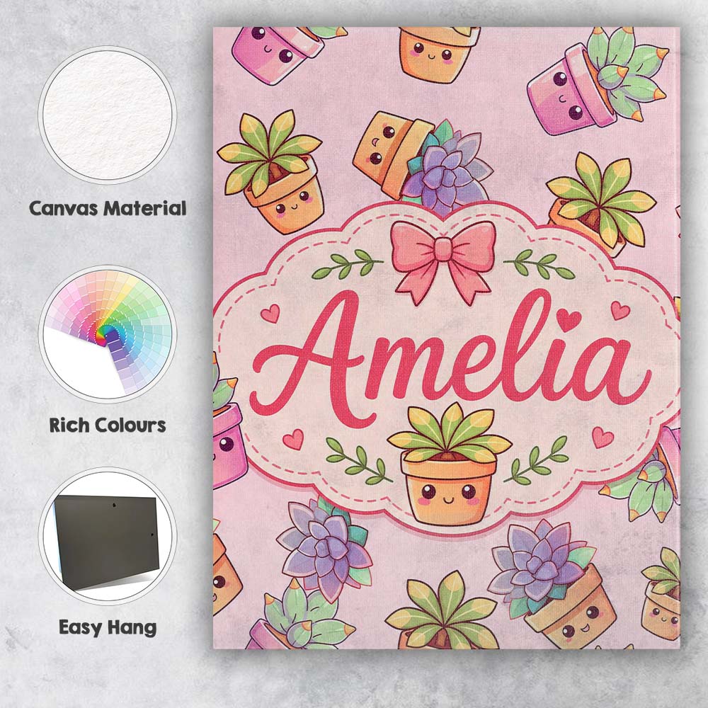 Personalised Name Cute Kawaii Succulent Custom Modern Room Accent Elegant Feature Canvas Wall Art Print Decor Picture Ready to Hang