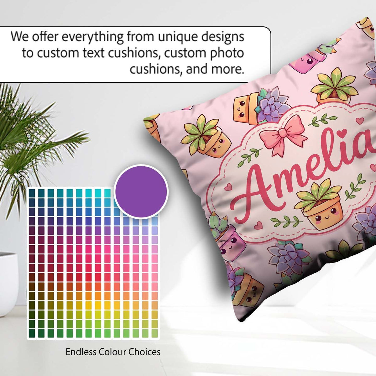 Custom Name Kawaii Plants Dusty Pink Background Seamless Pattern Square Filled Cushion Throw Pillow Sofa Bed Home Decor Zip Washable UK Made