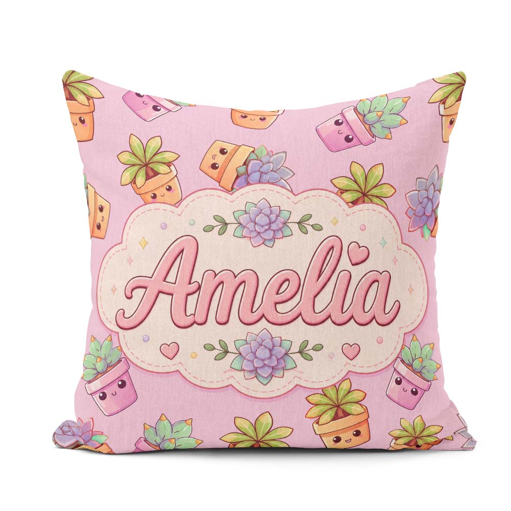 Custom Name Kawaii Succulent Plants Rose Pink Background Pattern Square Filled Cushion Throw Pillow Sofa Bed Home Decor Zip Washable UK Made