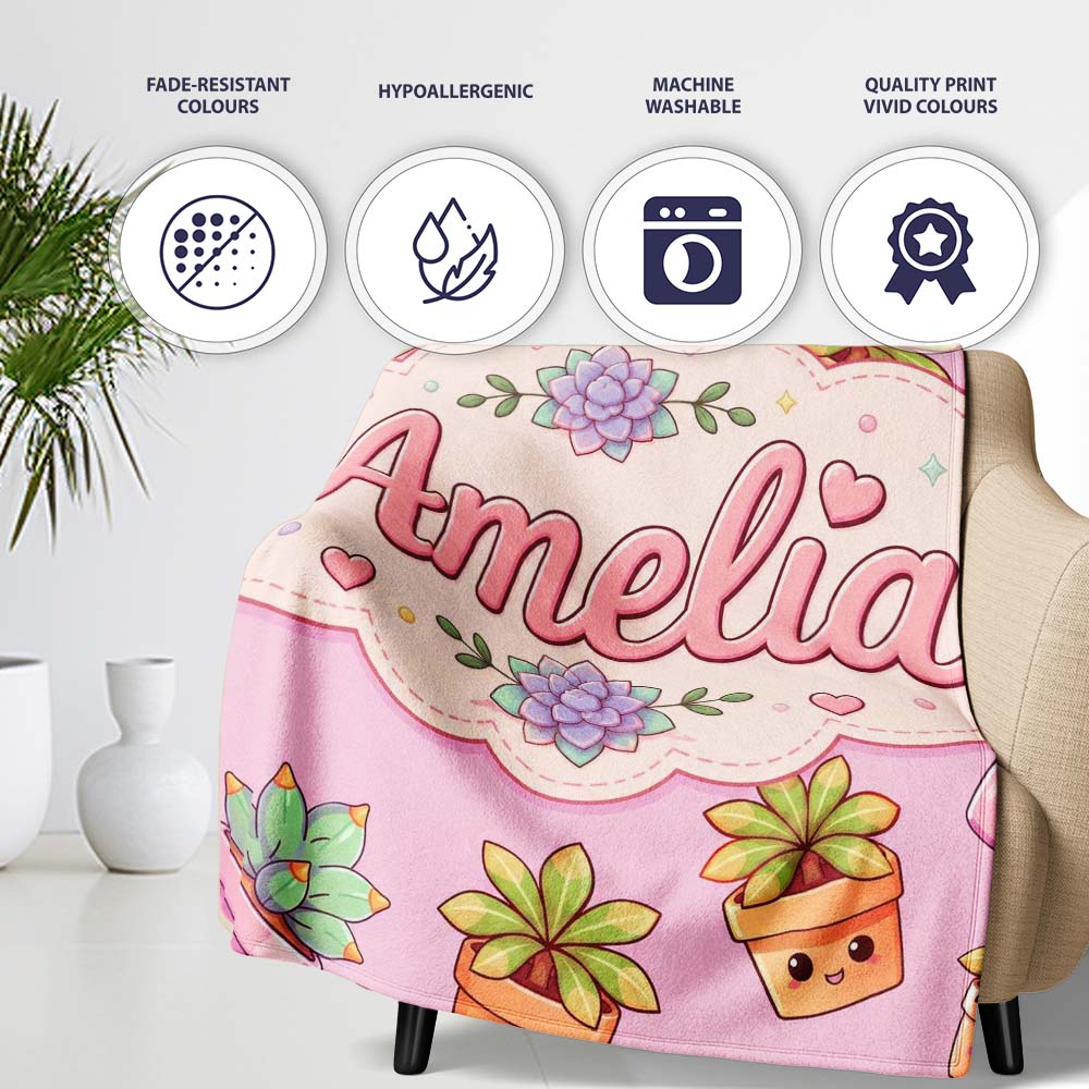 Cute Kawaii Succulent Plants Rose Pink Background Seamless Pattern Personalised Custom Name Super Soft Fleece Blanket Bed Sofa Throw