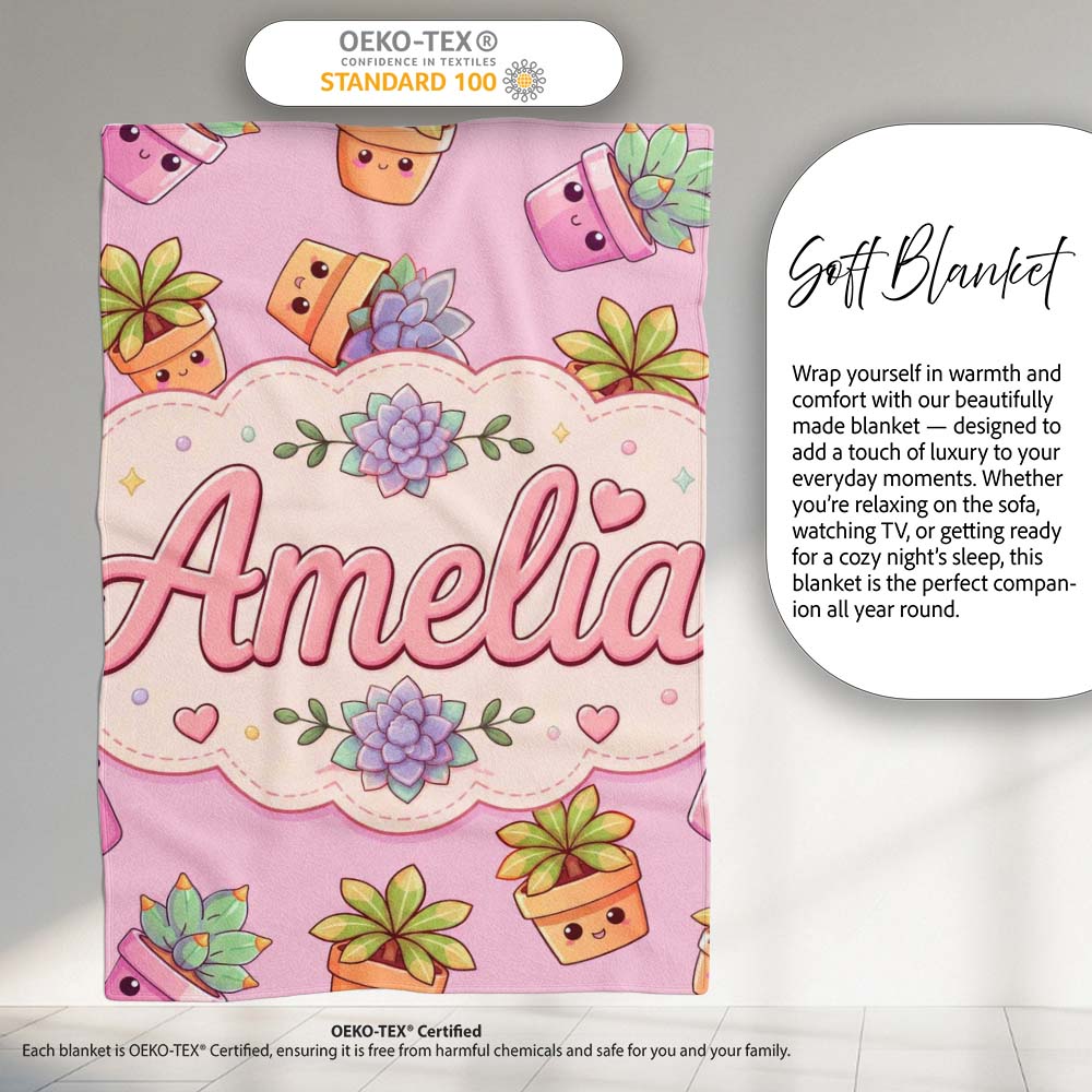 Cute Kawaii Succulent Plants Rose Pink Background Seamless Pattern Personalised Custom Name Super Soft Fleece Blanket Bed Sofa Throw