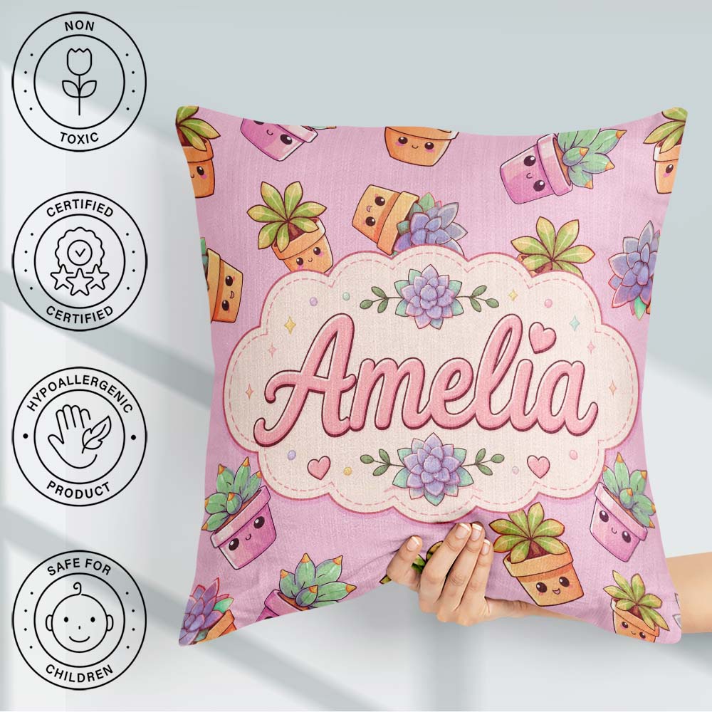 Custom Name Kawaii Succulent Plants Rose Pink Background Pattern Square Filled Cushion Throw Pillow Sofa Bed Home Decor Zip Washable UK Made