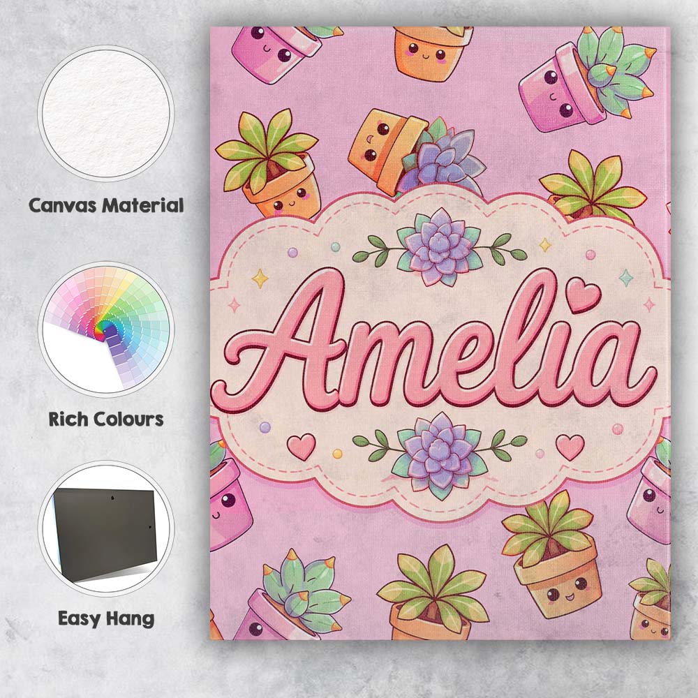 Personalised Name Cute Kawaii Succulent Custom Modern Room Accent Elegant Feature Canvas Wall Art Print Decor Picture Ready to Hang