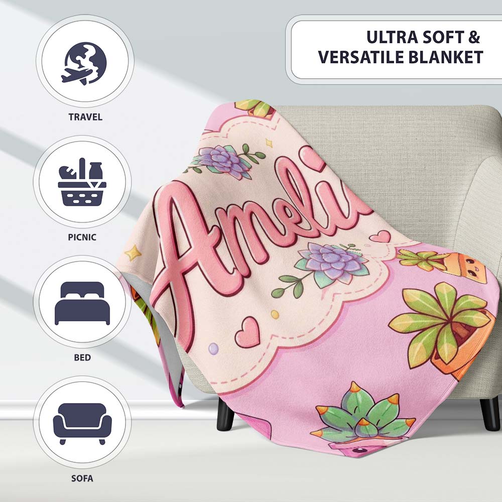 Cute Kawaii Succulent Plants Rose Pink Background Seamless Pattern Personalised Custom Name Super Soft Fleece Blanket Bed Sofa Throw