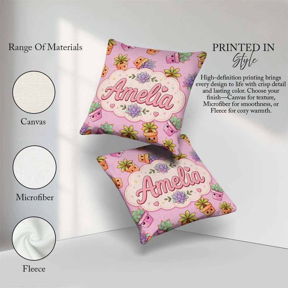 Custom Name Kawaii Succulent Plants Rose Pink Background Pattern Square Filled Cushion Throw Pillow Sofa Bed Home Decor Zip Washable UK Made