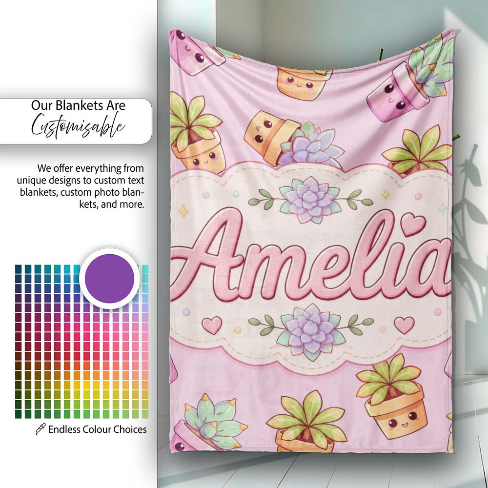 Cute Kawaii Succulent Plants Rose Pink Background Seamless Pattern Personalised Custom Name Super Soft Fleece Blanket Bed Sofa Throw
