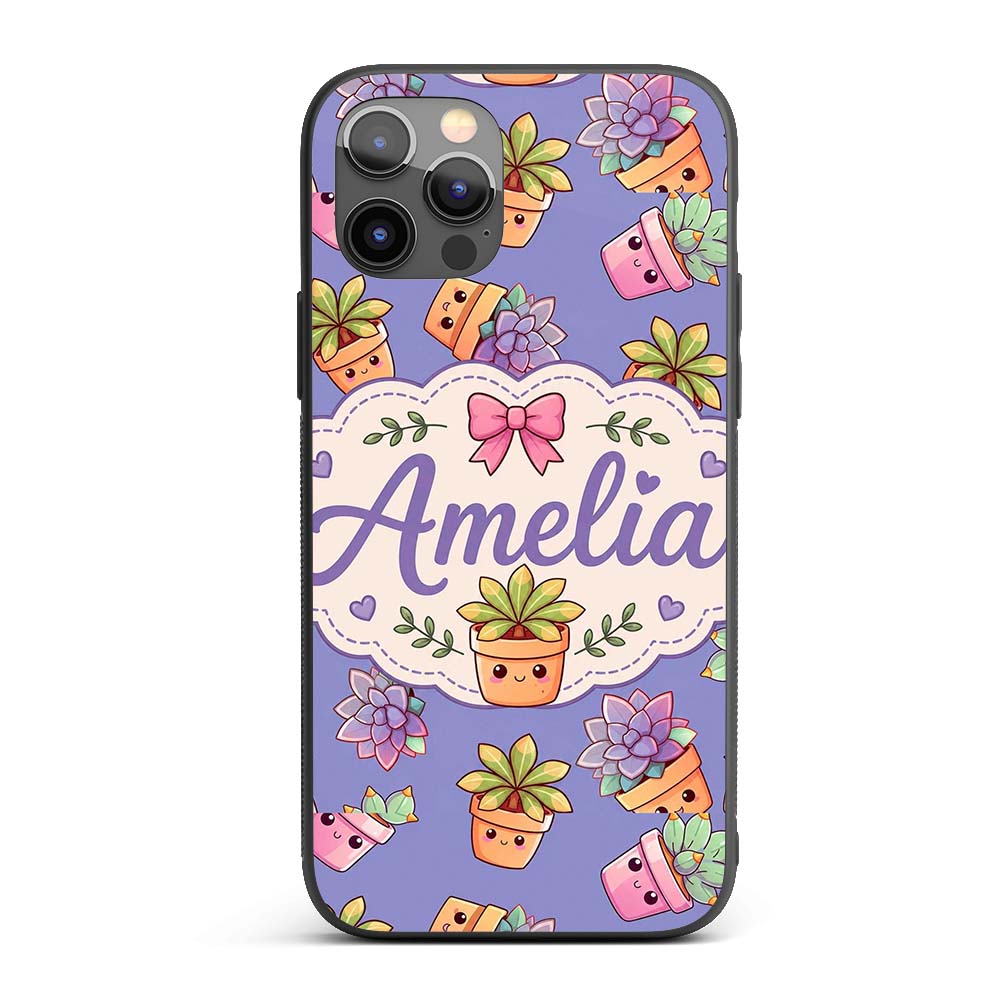 Cute Kawaii Succulent Plants Lavender Background Custom Name Protective Phone Case Mobile Cover Durable Everyday Smartphone Shock Resistant