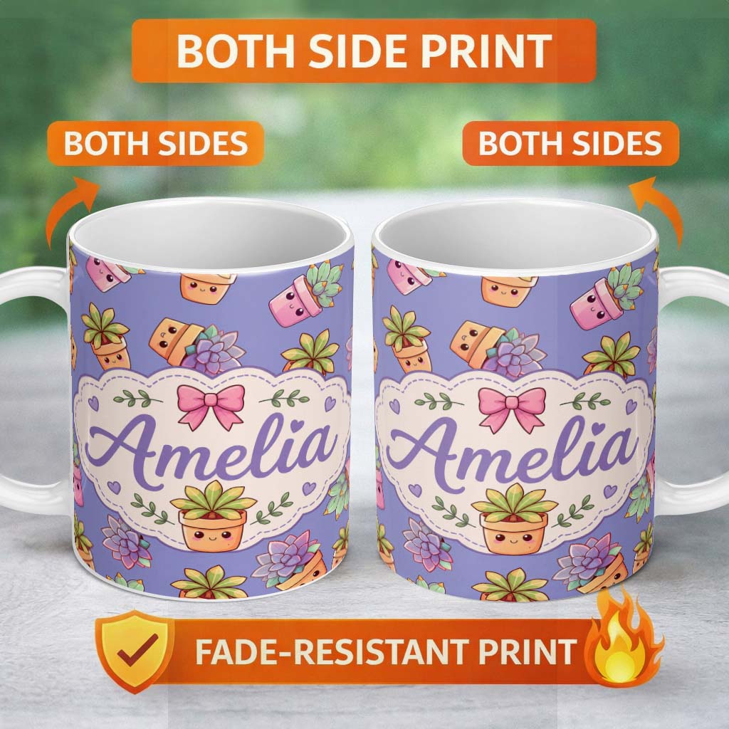 Personalized Custom Name Cute Kawaii Succulent Plants Lavender Background Seamless Pattern 11oz Ceramic Coffee Tea Mug White Large Handle