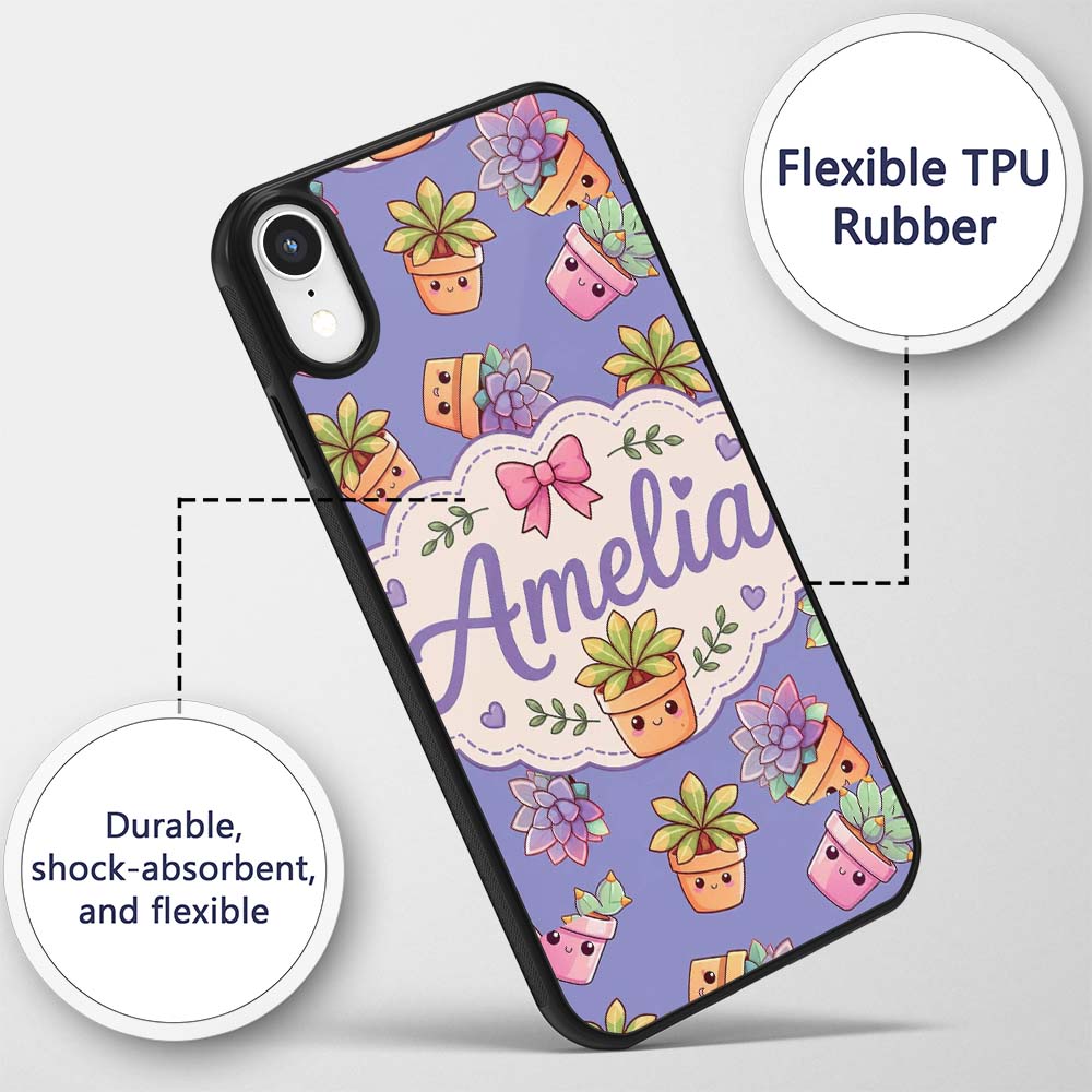 Cute Kawaii Succulent Plants Lavender Background Custom Name Protective Phone Case Mobile Cover Durable Everyday Smartphone Shock Resistant