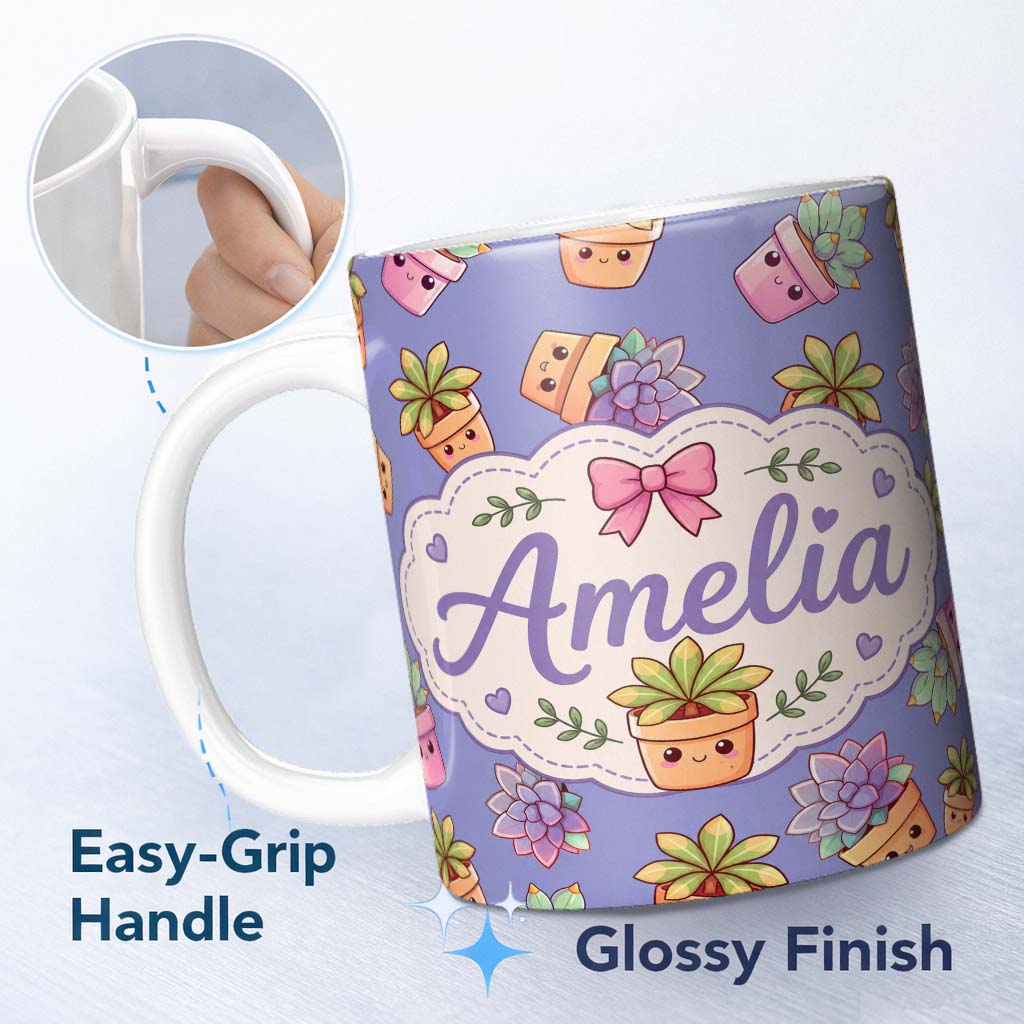 Personalized Custom Name Cute Kawaii Succulent Plants Lavender Background Seamless Pattern 11oz Ceramic Coffee Tea Mug White Large Handle