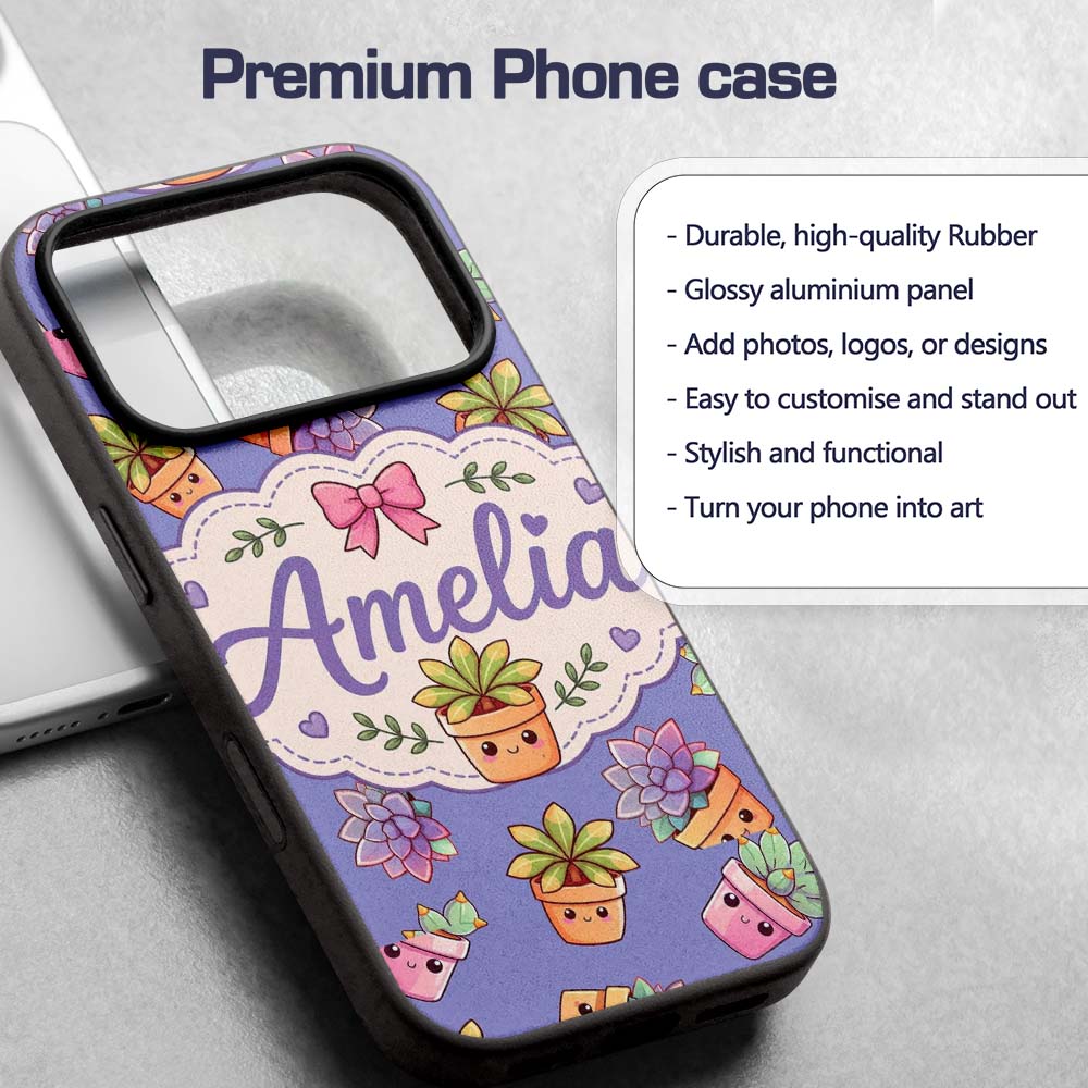 Cute Kawaii Succulent Plants Lavender Background Custom Name Protective Phone Case Mobile Cover Durable Everyday Smartphone Shock Resistant