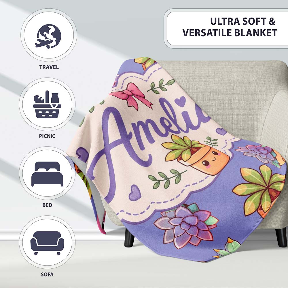 Cute Kawaii Succulent Plants Lavender Background Seamless Pattern Personalised Custom Name Super Soft Fleece Blanket Bed Sofa Throw