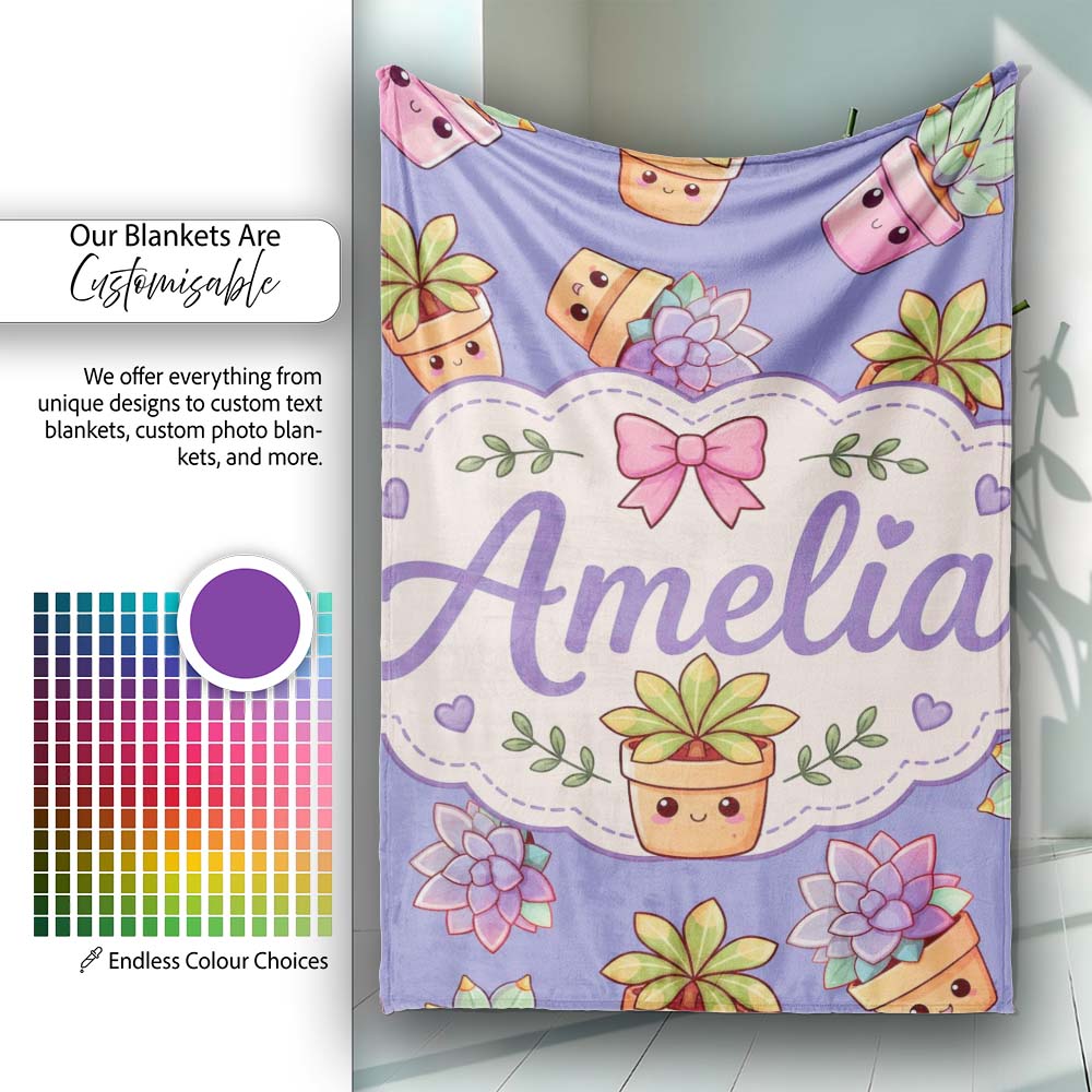 Cute Kawaii Succulent Plants Lavender Background Seamless Pattern Personalised Custom Name Super Soft Fleece Blanket Bed Sofa Throw