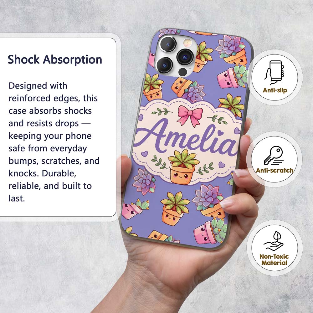 Cute Kawaii Succulent Plants Lavender Background Custom Name Protective Phone Case Mobile Cover Durable Everyday Smartphone Shock Resistant