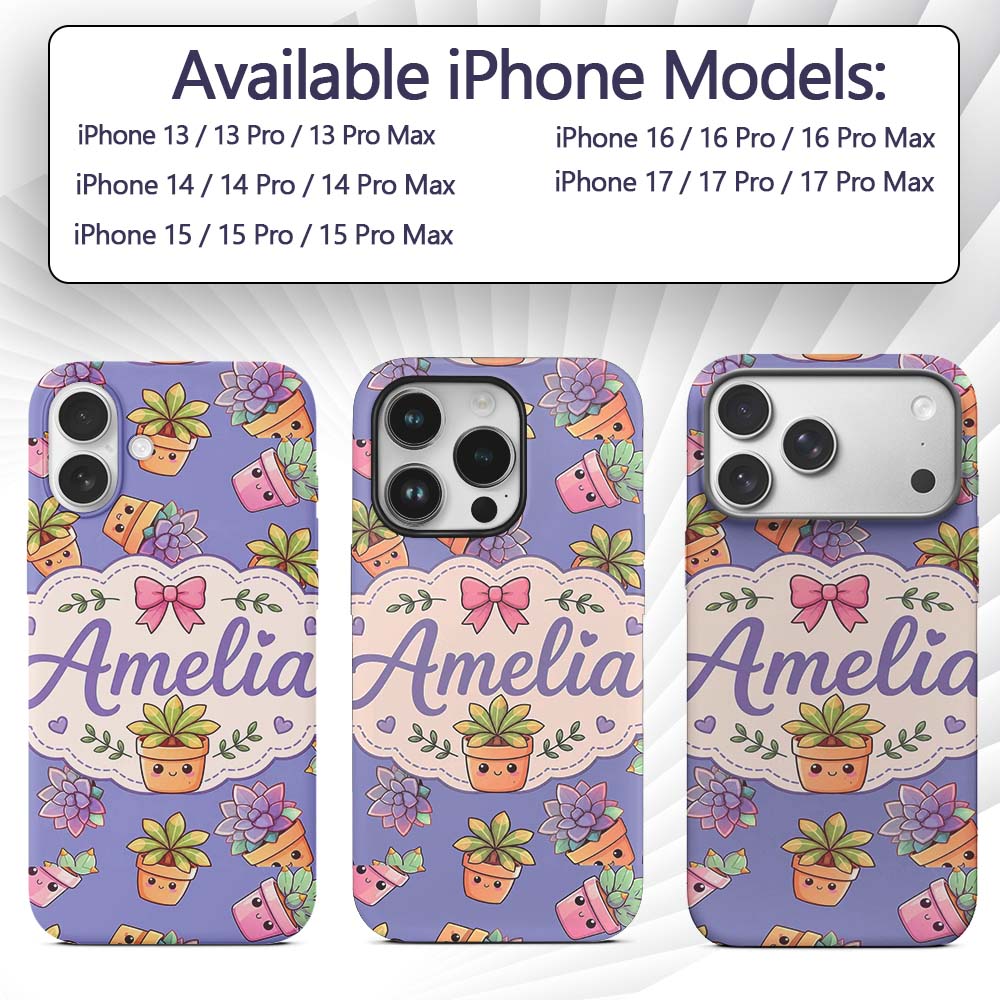Cute Kawaii Succulent Plants Lavender Background Custom Name Protective Phone Case Mobile Cover Durable Everyday Smartphone Shock Resistant