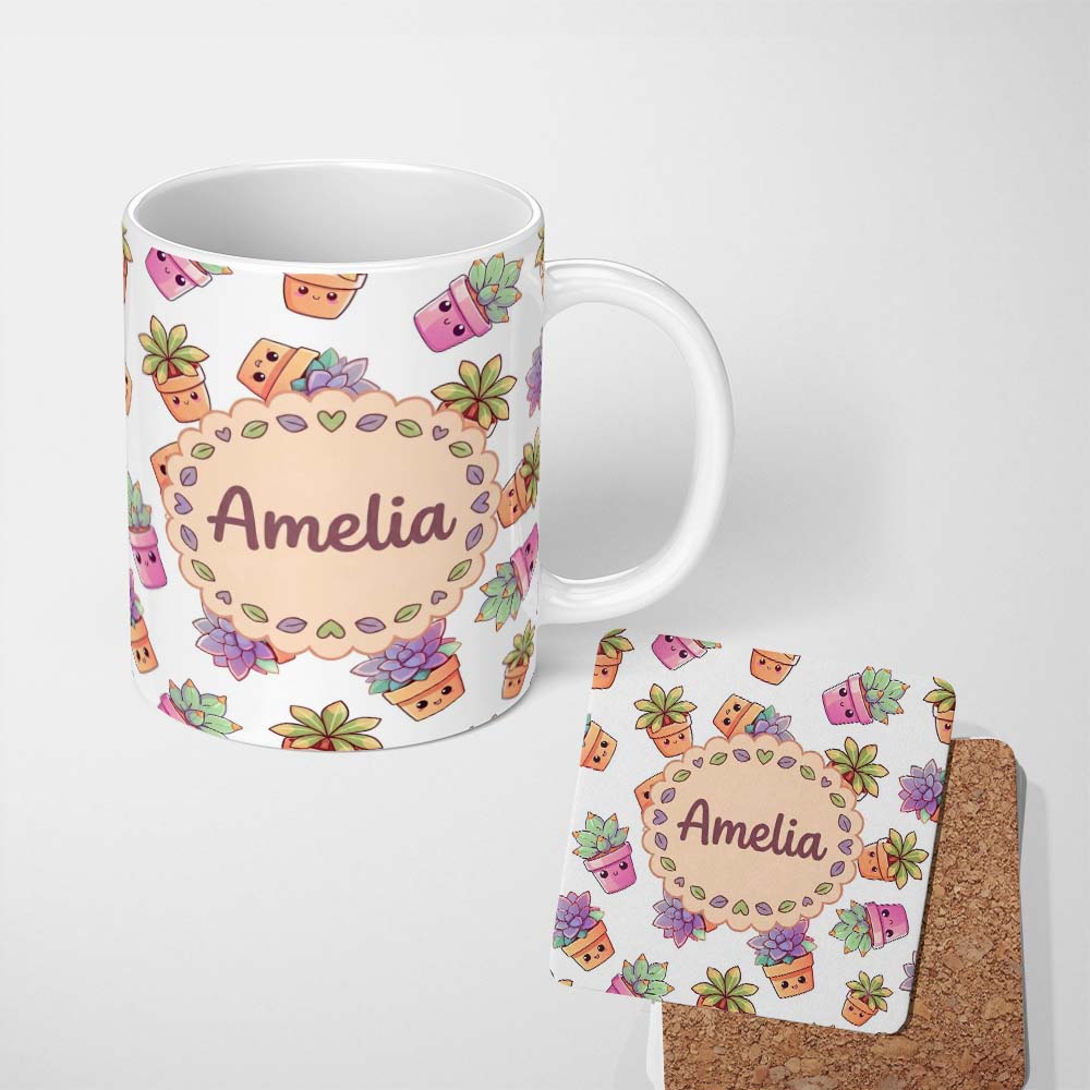 Personalized Custom Name Cute Kawaii Succulent Plants Light Grey Background Seamless Pattern 11oz Ceramic Coffee Tea Mug White Large Handle