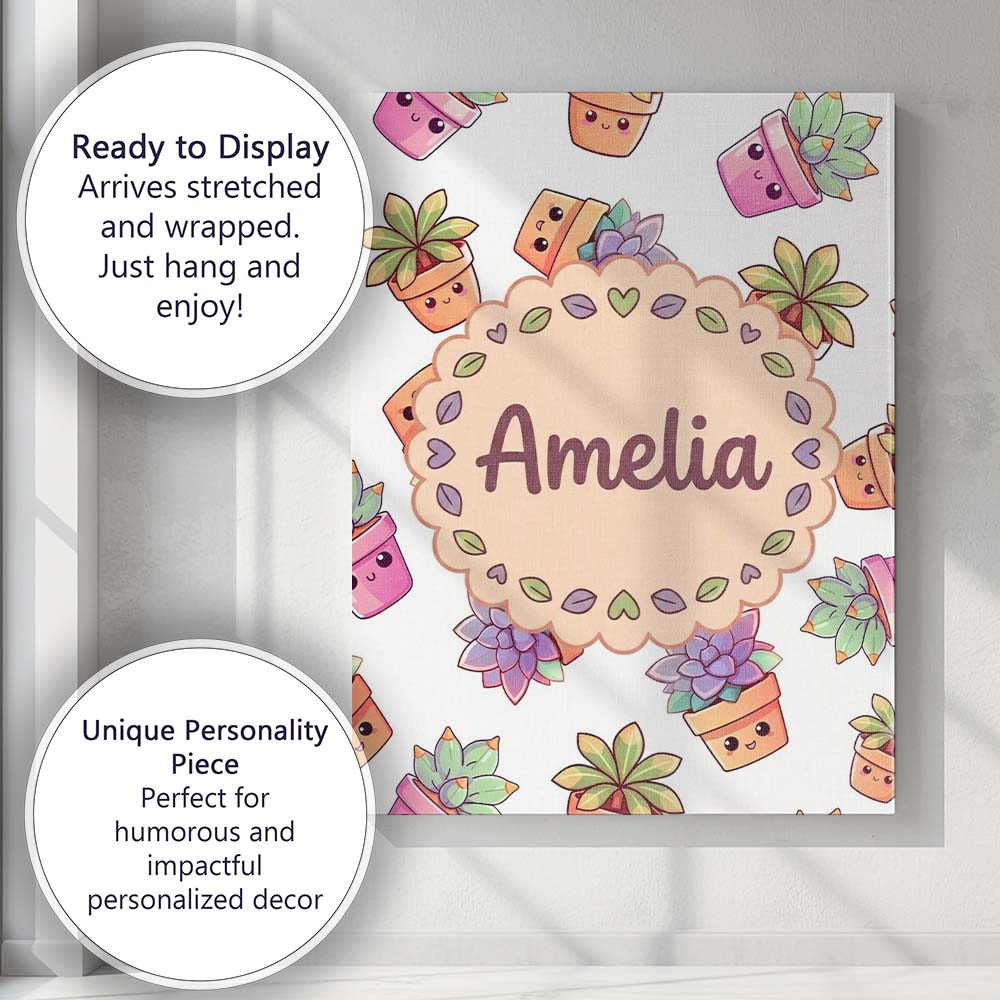 Personalised Name Cute Kawaii Succulent Custom Modern Room Accent Elegant Feature Canvas Wall Art Print Decor Picture Ready to Hang