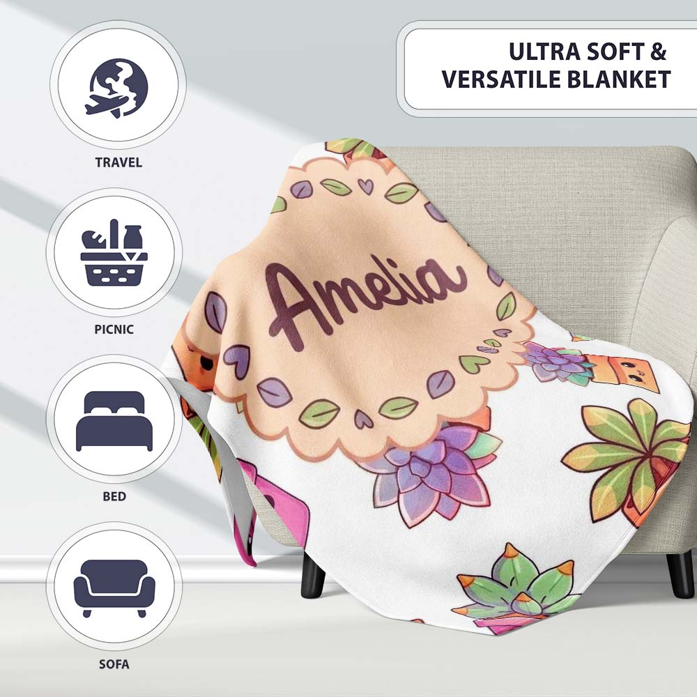 Cute Kawaii Succulent Plants Light Grey Background Seamless Pattern Personalised Custom Name Super Soft Fleece Blanket Bed Sofa Throw