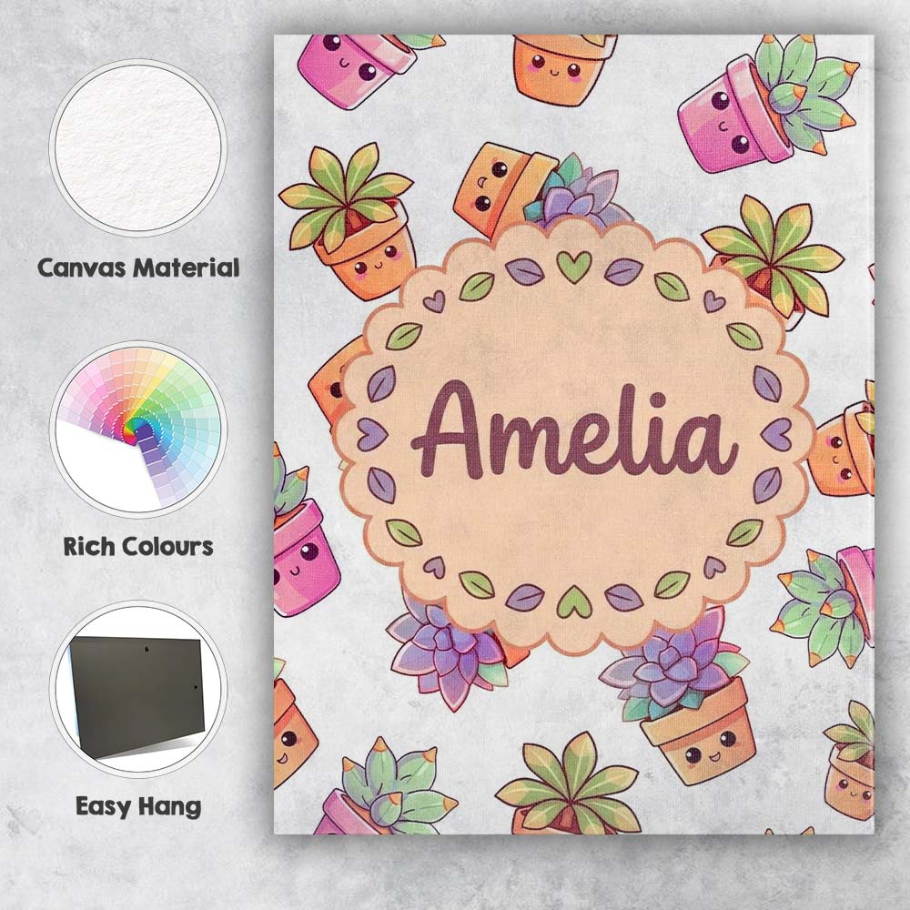 Personalised Name Cute Kawaii Succulent Custom Modern Room Accent Elegant Feature Canvas Wall Art Print Decor Picture Ready to Hang