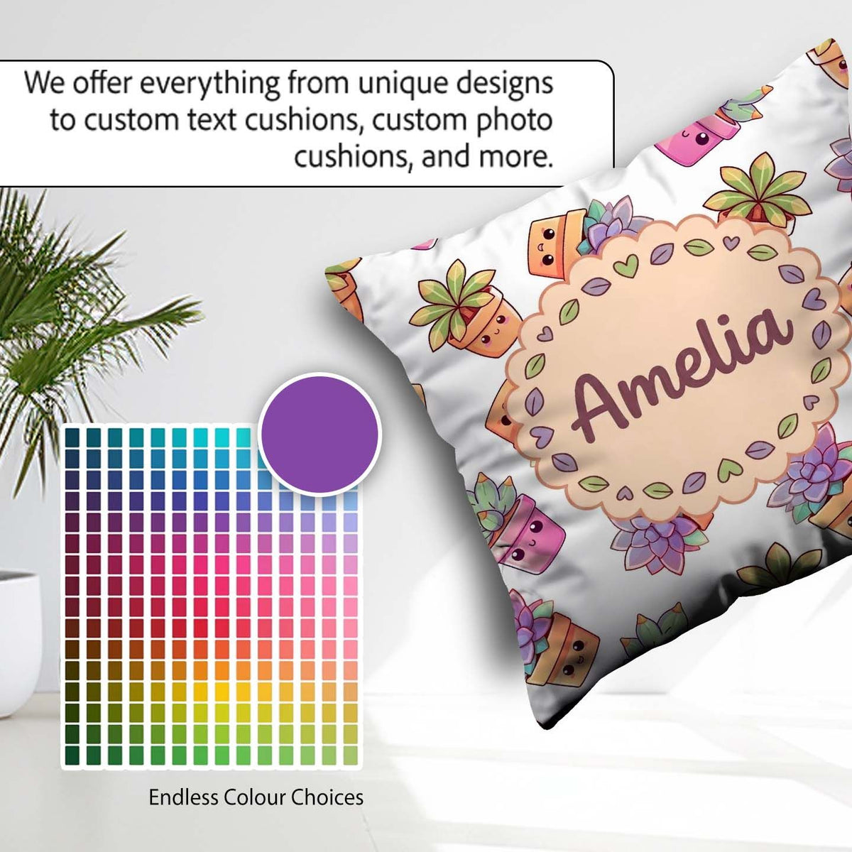 Custom Name Kawaii Plants Light Grey Background Seamless Pattern Square Filled Cushion Throw Pillow Sofa Bed Home Decor Zip Washable UK Made
