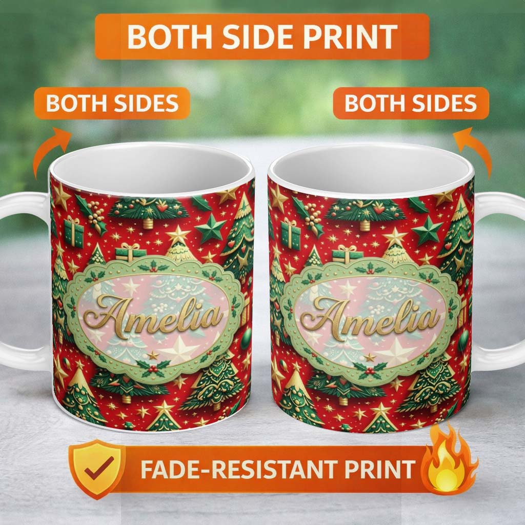 Personalized Custom Name Luxury Christmas Trees with Gold Stars Gifts and Ornaments on Red 11oz Ceramic Coffee Tea Mug White Large Handle