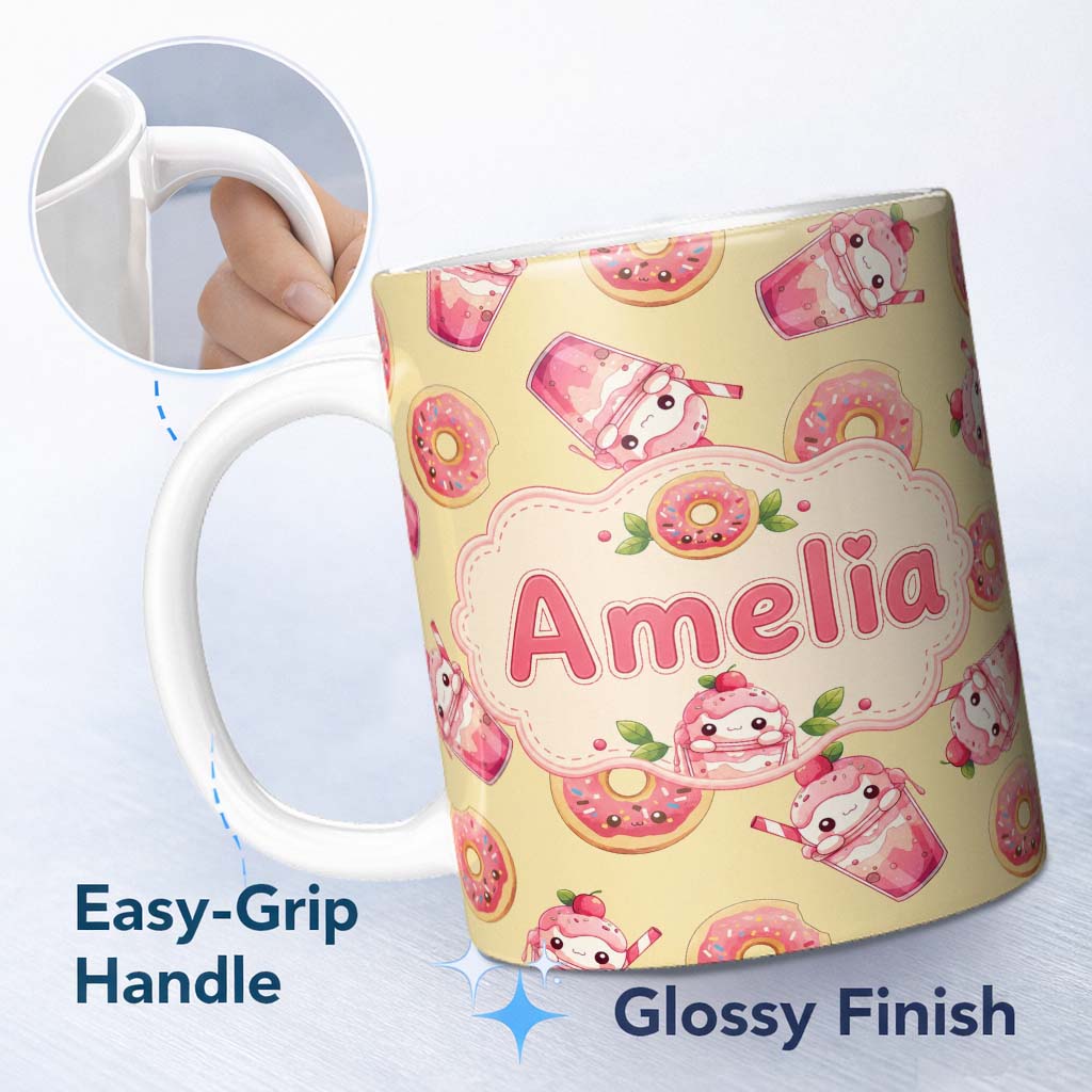Personalized Custom Name Cute Kawaii Donuts and Strawberry Milkshake Yellow Background 11oz Ceramic Coffee Tea Mug White Large Handle